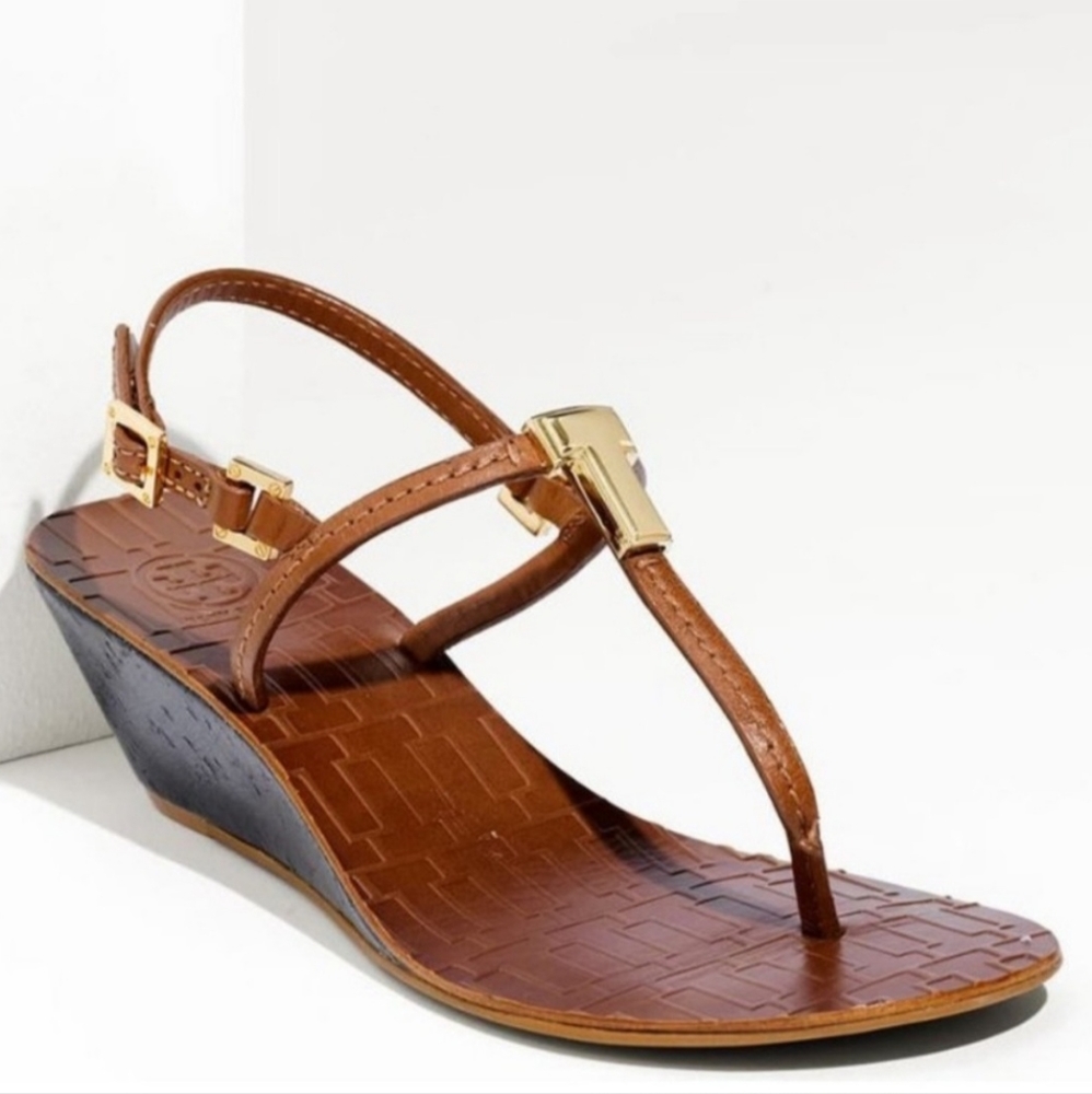 TORY BURCH BROWN PAULINE DEMI WEDGE SLINGBACK SANDALS